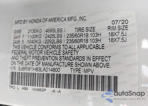 2020 Honda Cr-V 2Wd Ex-L из США, поврежденный, VIN 5J6RW1H83LA014800